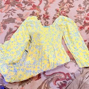 Yellow Floral Smocked Puff-Sleeve Women’s Dress (Spring and Summer)